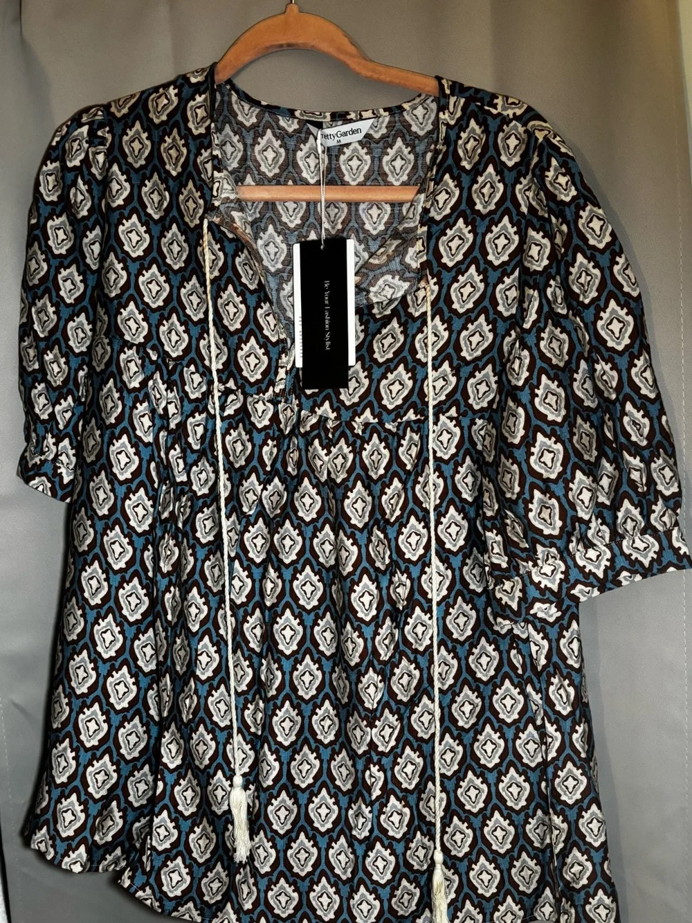 Women's Blue Geometric Tie-Front Tunic Top